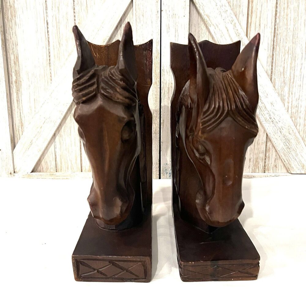 VTG Hand Carved Wood Horse Head Bookends Western Rustic Decor Cowboy Equestrian - Picture 4 of 9